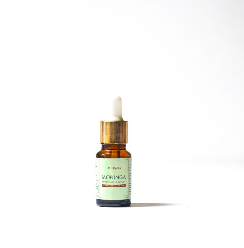 A glass bottle of moringa serum with a dropper.