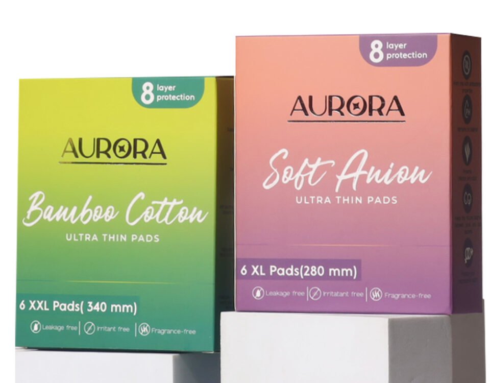 Aurora's sanitary pads, featuring anion and bamboo options for comfort and absorbency during your menstrual cycle.
